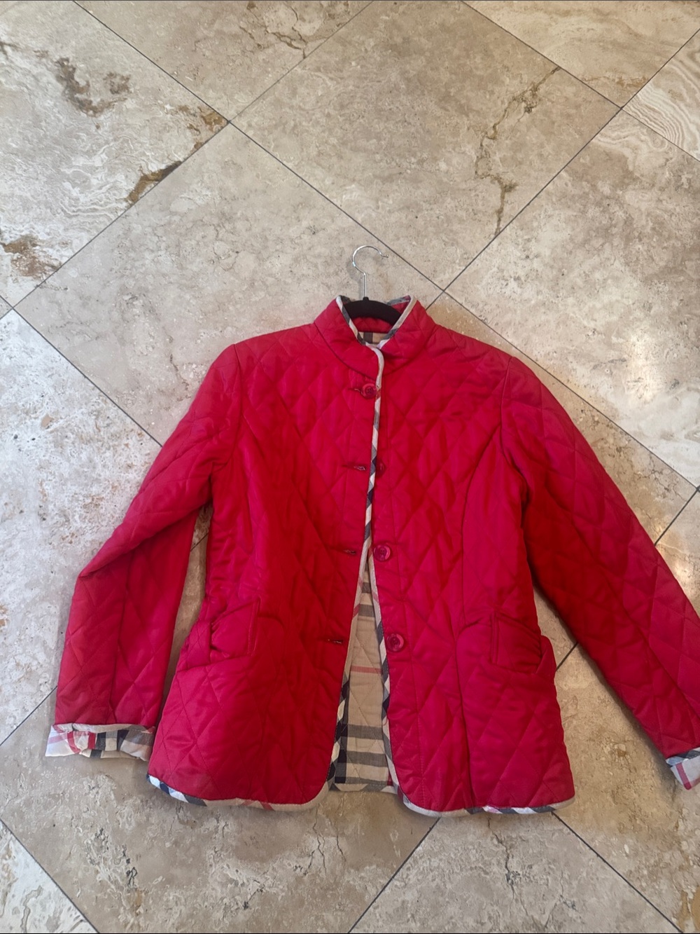 Burberry Red Quilted Jacket with Check Trim